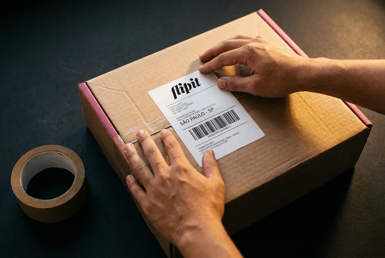 Etiqueta da Flipit sendo colada na caixa de envio